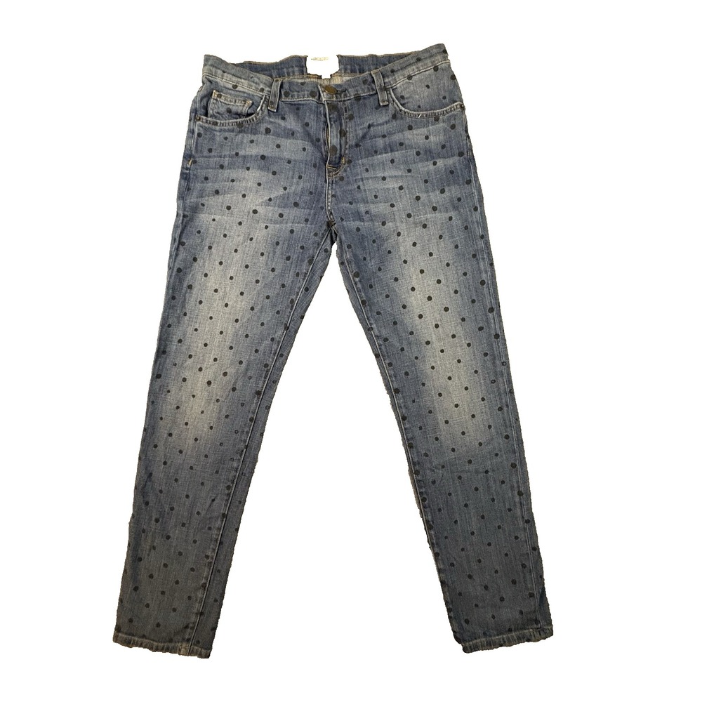 Current Elliott Women's 32x28.5 The‎ Fling Slim Boyfriend Indigo Polka Dot Jeans